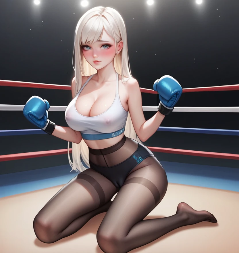 korean beautifull girl,18 years old,Pretty Face,Good shape,detailed picture, Shy expression, blush,White long hair, Wear yoga clothes,Wear black pantyhose, Wearing black boxing gloves, Kneeling in a sexy pose on the boxing ring,Large Breasts,Cleavage,Long legs,Thin waist,nipple,Camel toe