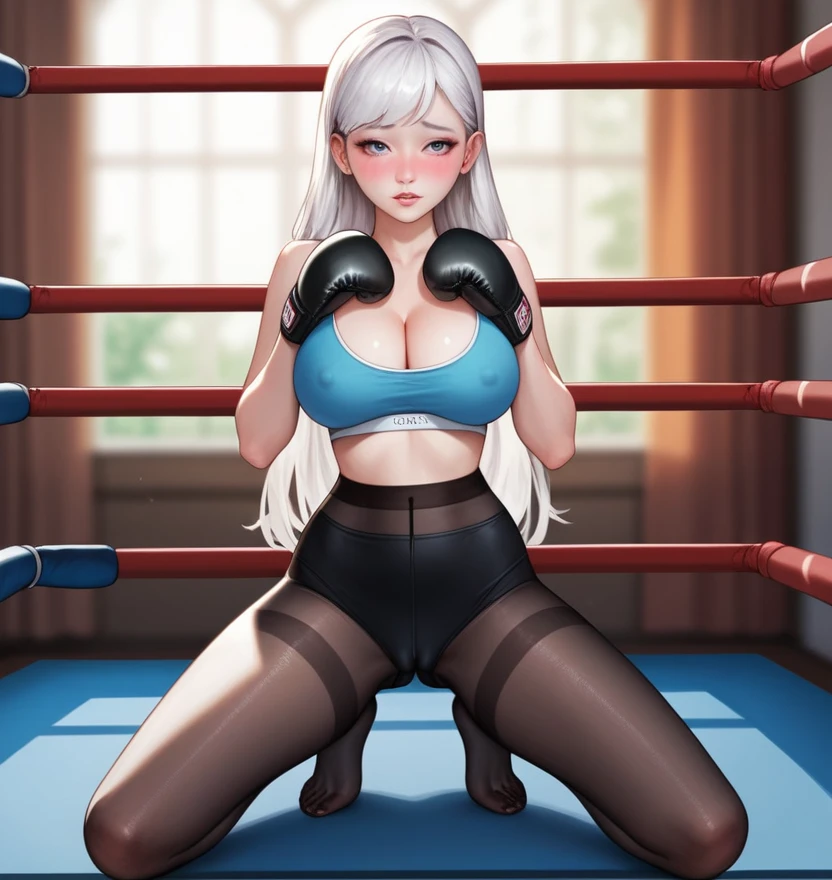 korean beautifull girl,18 years old,Pretty Face,Good shape,detailed picture, Shy expression, blush,White long hair, Wear yoga clothes,Wear black pantyhose, Wearing black boxing gloves, Kneeling in a sexy pose on the boxing ring,Large Breasts,Cleavage,Long legs,Thin waist,nipple,Camel toe