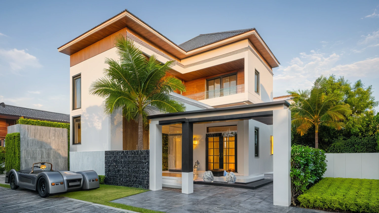 modern villa on street, (daylight), tropical tree, vivid colour, streetcapes, white tone, white wall, large glass door, warm interior lighting, wood and marble, best quality, 17ArchiAI_XL_VL-v1