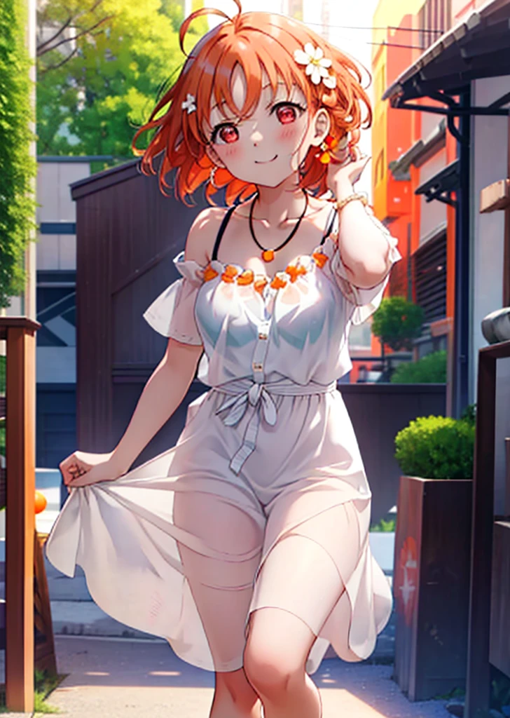 chika takami,Orange Hair,Ahoge,Red eyes,smile,blush,Orange off-shoulder dress,Bare shoulders,bare clavicle,Bare neck,Short sleeve,Heart-shaped necklace,Long skirt,Cute heeled sandals,Walking,Daytime,Clear skies,whole bodyがイラストに入るように break outdoors, Building district, break looking at viewer, whole body, break (masterpiece:1.2), Highest quality, High resolution, unity 8k wallpaper, (figure:0.8), (Beautiful attention to detail:1.6), Highly detailed face, Perfect lighting, Highly detailed CG, (Perfect hands, Perfect Anatomy),