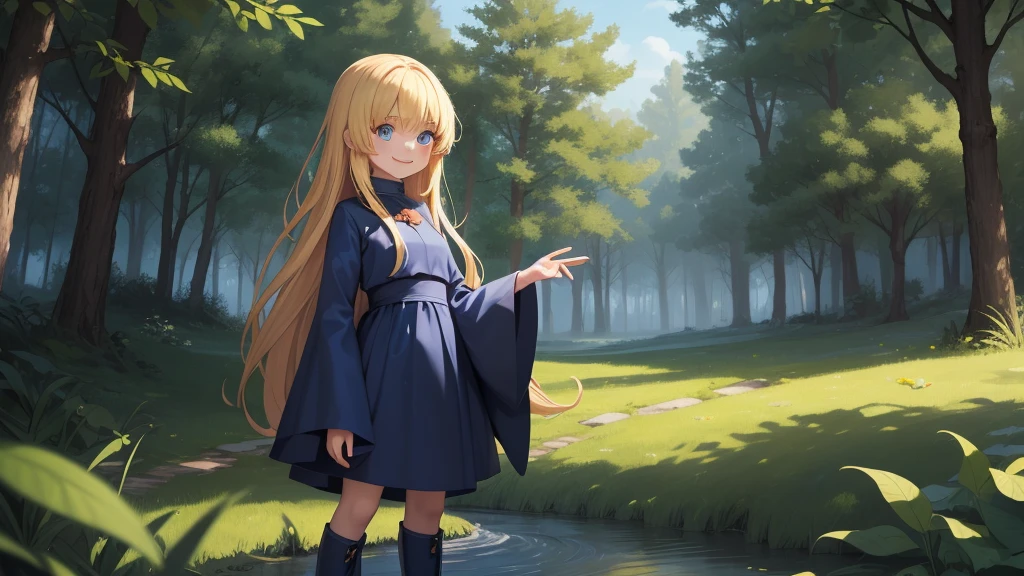 masterpiece, taller than,Very detailed, Absurd, witch, 8--old,rl,  alone, Blonde, Long Hair,  blue eyes, Blue Boots, Blue clothes, Long sleeve,Have,in the forest,  ojou-sama pose,smile,Open your mouth,