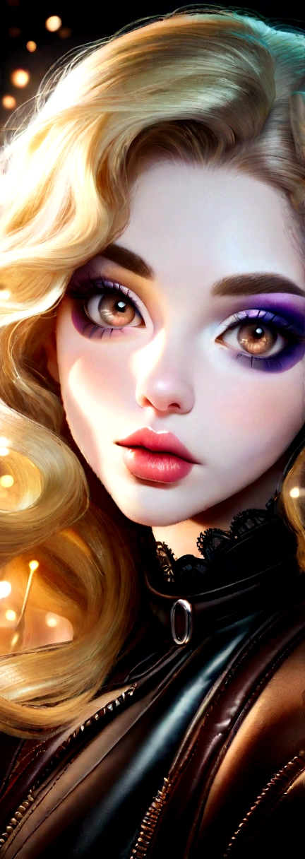 (((ultra realistic))) Photo, artwork, maximum quality, (pale skin), (Rosto e olhos ultra detaileds:1.1), 1 12 year old American girl, deep neckline, (eye makeup, mask) , ((detailed big lips)), ((Long Blonde Wavy Hair)), ((Chiolka)) , ((natural breasts)). Brown eyes, ((posing)), Photoshoot, studio ((Contour light)), (The game of lights and shadows.), depth of field, bokeh, (Special attention to leather details.: 1.2), (Light framework environment, cores pastel, cores: For that), ((portrait, close to the camera)) , ultra detailed, 