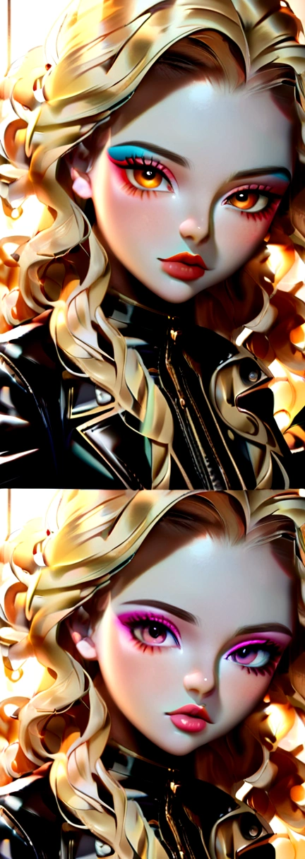 (((ultra realistic))) Photo, artwork, maximum quality, (pale skin), (Rosto e olhos ultra detaileds:1.1), 1 American girl, deep neckline, (eye makeup, mask) , ((detailed big lips)), ((Long Blonde Wavy Hair)), ((Chiolka)) , ((natural breasts)). Brown eyes, ((posing)), Photoshoot, studio ((Contour light)), (The game of lights and shadows.), depth of field, bokeh, (Special attention to leather details.: 1.2), (Light framework environment, cores pastel, cores: For that), ((portrait, close to the camera)) , ultra detailed,