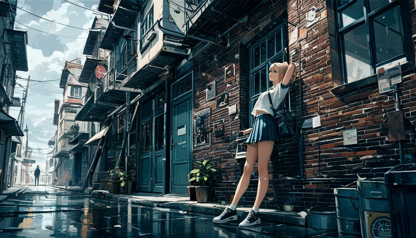Ultra high definition. The sky is dark and full of dark clouds. It's foggy. An 18-year-old girl stands under an old cement electric pole in a dark wide alley. The light from the electric pole shines on the girl's head. The girl is standing with her back against the wall, with one foot forward and on her tiptoes. The girl is leaning against the wall looking down and there are trees in front of her. Her girl's hair blows in the wind. The girl is wearing a pleated skirt and bb sneakers. A close-up full body shot of the girl's profile. Her one foot is put forward. The girl's location is on the left third of the entire photo.