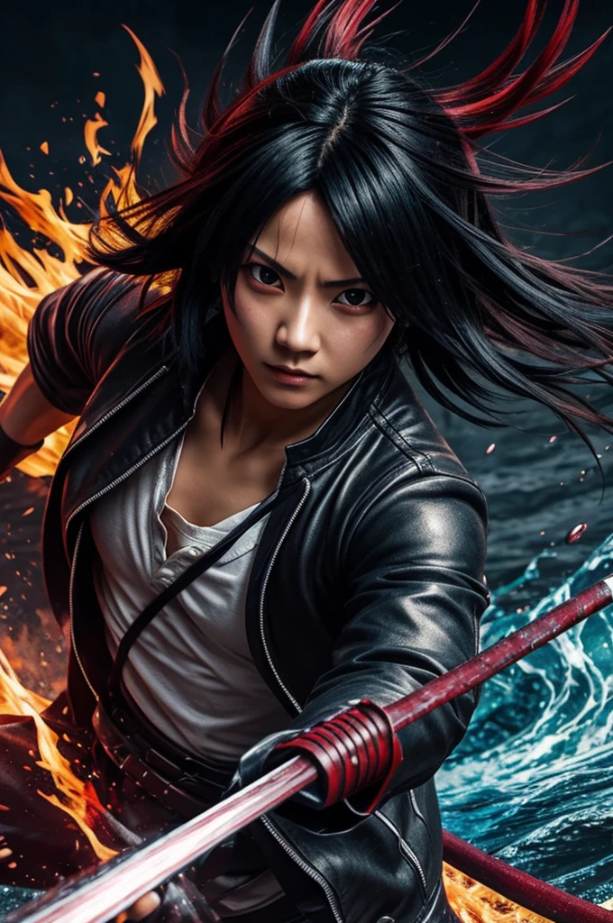Create a demon slayer tomioka image, deep colors, the most realistic possible and with many details, who is using a water attack, that is going attractive