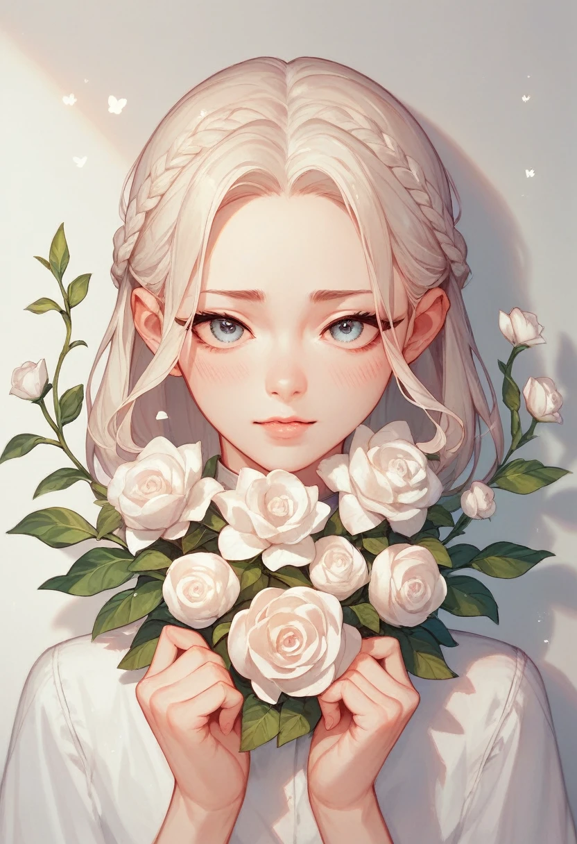 An illustration with soft tones and a dreamy feel。The characters in the picture are covered with a large number of small white flowers，Gives a hazy and mysterious visual effect。Soft space，Modern illustration elements。Tranquility、Pure atmosphere，Reminiscent of spring and new life。