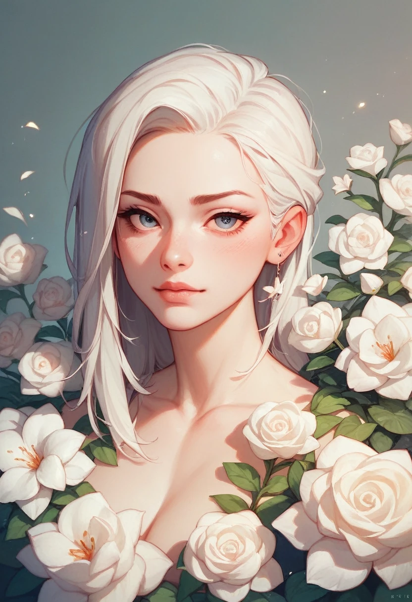 An illustration with soft tones and a dreamy feel。The characters in the picture are covered with a large number of small white flowers，Gives a hazy and mysterious visual effect。Soft space，Modern illustration elements。Tranquility、Pure atmosphere，Reminiscent of spring and new life。
