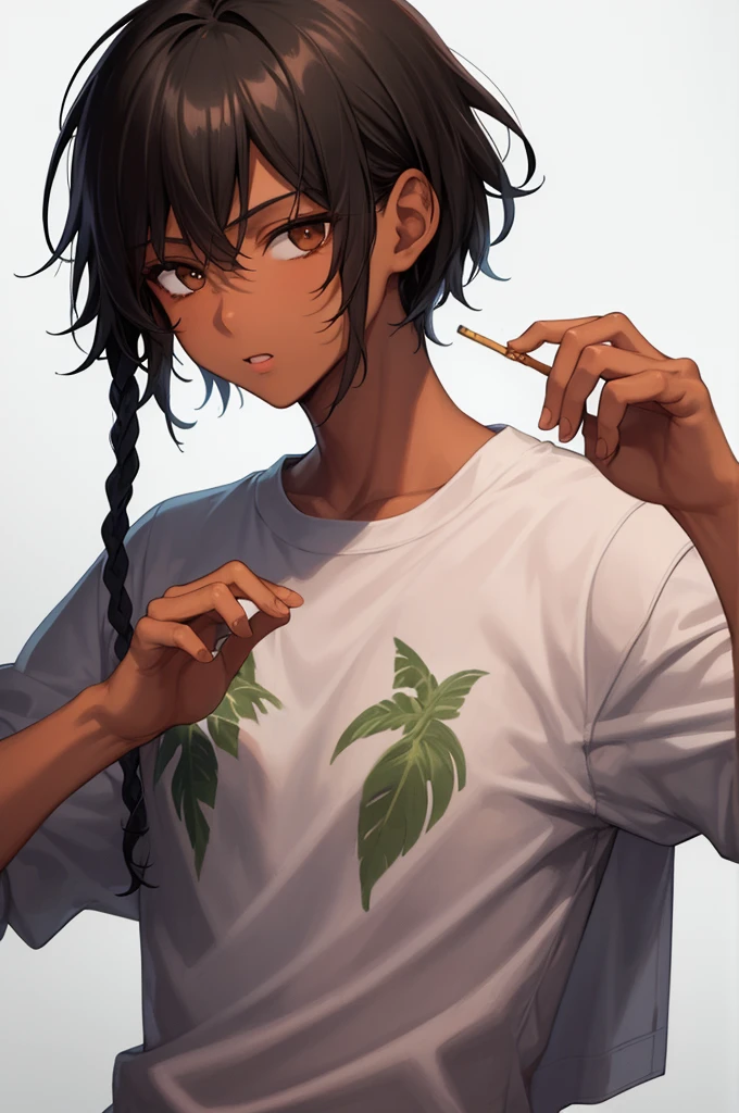 1boy, solo, blunt in hand, hawaiin shirt, brown skin color, messy look, (black hair), ((locs)), brown eyes, masterpiece, best quality, high quality, upper body, male focus,