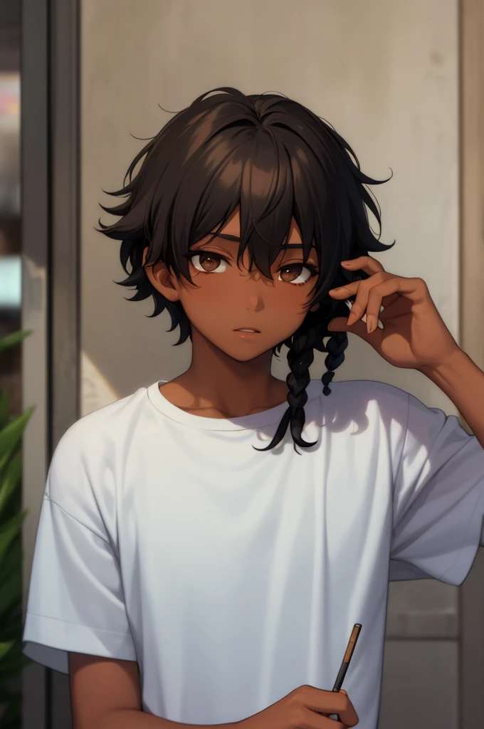 1boy, solo, blunt in hand, hawaiin shirt, brown skin color, messy look, (black hair), ((locs)), brown eyes, masterpiece, best quality, high quality, upper body, male focus,