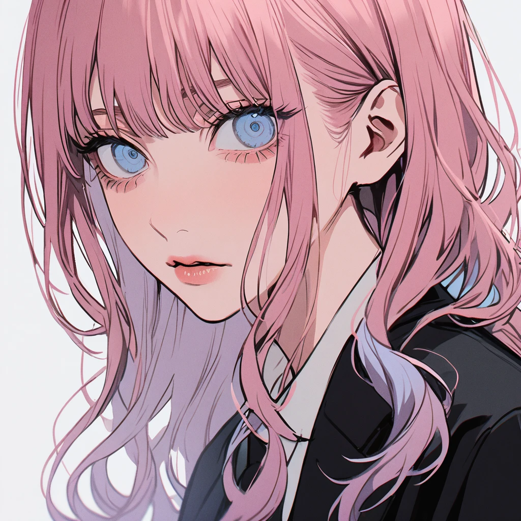1 woman in chainsaw man style, long wavy hair, light pink hair, hair with blue tips, light blue eyes,(makima&#39;s eyes),white blouse with a black tie,(big boobies), wicked grin (pointed teeth showing), showing the tongue,(bloodstains),(torn outfit), hand on face,angle seen from above, White background 