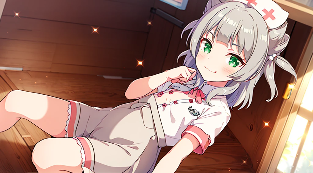 interior,hospital,A girl, alone, green eyes, gray fur, Hair ornaments, hits, Youtuber Virtual, shine, blunt hits, double explosion, animal ears, Lens flare, flat chest,pink nurse uniform,blush, (See your viewers), SMILE,