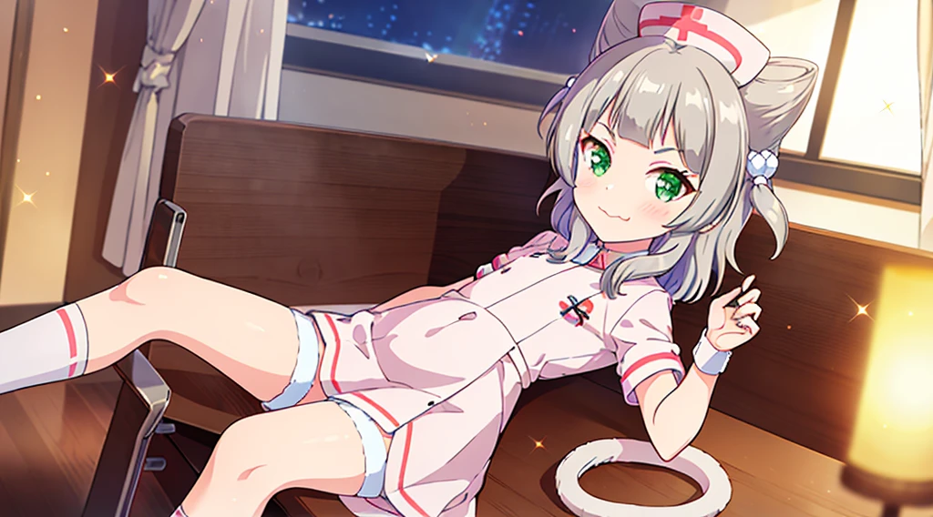 interior,hospital,A girl, alone, green eyes, gray fur, Hair ornaments, hits, Youtuber Virtual, shine, blunt hits, double explosion, animal ears, Lens flare, flat chest,pink nurse uniform,blush, (See your viewers), SMILE, 