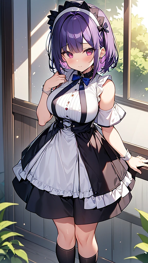 最high quality, high quality, Super detailed, 32k, Ultra-detailed details, Sister and maid, (only, Standing, pretty girl, beautiful purple hair, short hair, Beautiful RED eyes, mature, Big Breasts, A light smile, Off-the-shoulder sleeveless Summer メイド服, Summer casual maid clothes, Short skirt, Blue and white color striped underwear, Black knee socks, loafers, My crotch is wet with love juice, 18-year-old,cute), {{The succubus infiltrates the mansion, peels the skin off her sister's face, replaces it with her own, and puts on a maid outfit with her sister's face, lifting her skirt to show her underwear., Mature body and sister's face}, She has transformed from a shy maid into a lewd one., A maid with her sister's face stuck on her face is vigorously pistoning her body, A maid who moves her body vigorously without caring if her breasts bounce, Super detailed, indoor, Full body image, ((Head to Toe:1.3)), NSFW