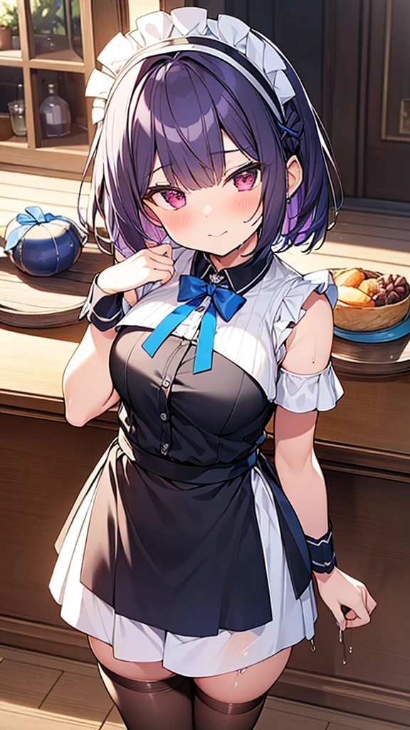 最high quality, high quality, Super detailed, 32k, Ultra-detailed details, Sister and maid, (only, Standing, pretty girl, beautiful purple hair, short hair, Beautiful RED eyes, mature, Big Breasts, A light smile, Off-the-shoulder sleeveless Summer メイド服, Summer casual maid clothes, Short skirt, Blue and white color striped underwear, Black knee socks, loafers, My crotch is wet with love juice, 18-year-old,cute), {{The succubus infiltrates the mansion, peels the skin off her sister&#39;s face, replaces it with her own, and puts on a maid outfit with her sister&#39;s face, lifting her skirt to show her underwear., Mature body and sister&#39;s face}, She has transformed from a shy maid into a lewd one., A maid with her sister&#39;s face stuck on her face is vigorously pistoning her body, A maid who moves her body vigorously without caring if her breasts bounce, Super detailed, indoor, Full body image, ((Head to Toe:1.3)), NSFW