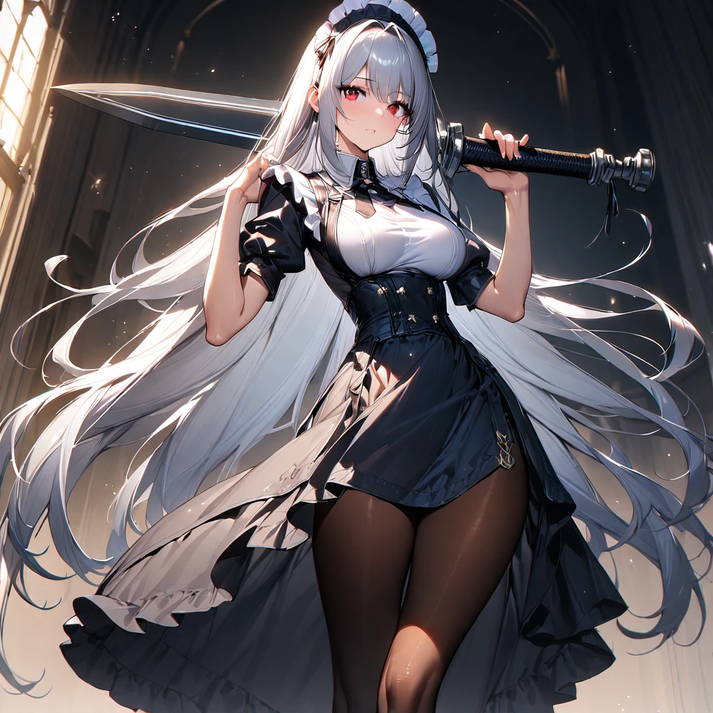 (masterpiece),(Highest quality),(Super detailed),(Best illustrations),(so beautiful), Beautiful Eyes, Perfect Face, Perfect hands, Perfect Fingers, hanging breasts, so beautiful長い脚, Silver Hair, Red eyes, Very long hair, pantyhose, Maid, headdress, apron, Long skirt, holding weapon, greatsword, carrying over shoulder