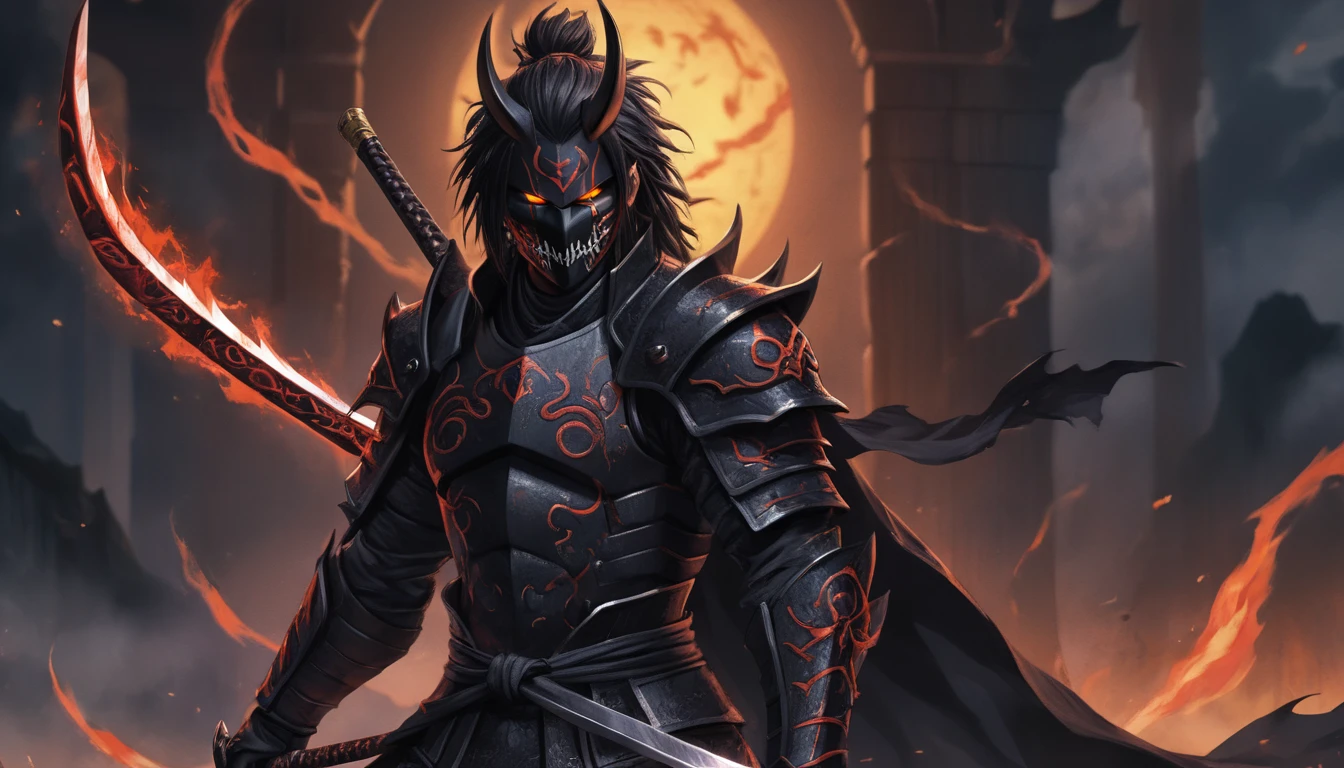 ninja mask, cape,close up, black heavy detailed clothes, katana, art, dark and malevolent, hand sword, armor, powerful and intimidating, (masterpiece, best quality, ultra-detailed, best shadow), (detailed background, dark fantasy) dramatic light, intricate details, dark and malevolent, powerful and intimidating, Dark and foreboding, malevolent force, sinister and chilling, armor, high detailed background, girl in demon slayer art, demon slayer art style, epic anime art, God death