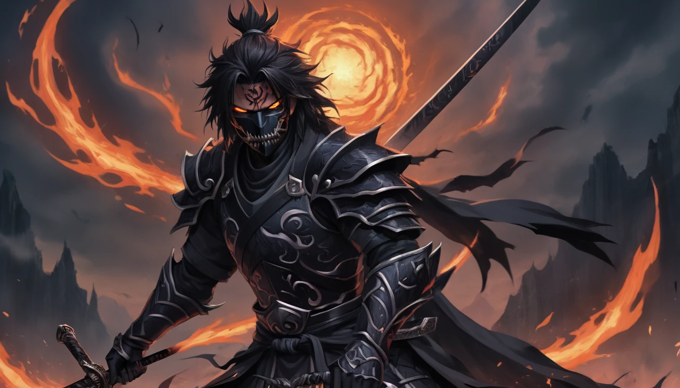 ninja mask, cape,close up, black heavy detailed clothes, katana, art, dark and malevolent, hand sword, armor, powerful and intimidating, (masterpiece, best quality, ultra-detailed, best shadow), (detailed background, dark fantasy) dramatic light, intricate details, dark and malevolent, powerful and intimidating, Dark and foreboding, malevolent force, sinister and chilling, armor, high detailed background, girl in demon slayer art, demon slayer art style, epic anime art, God death