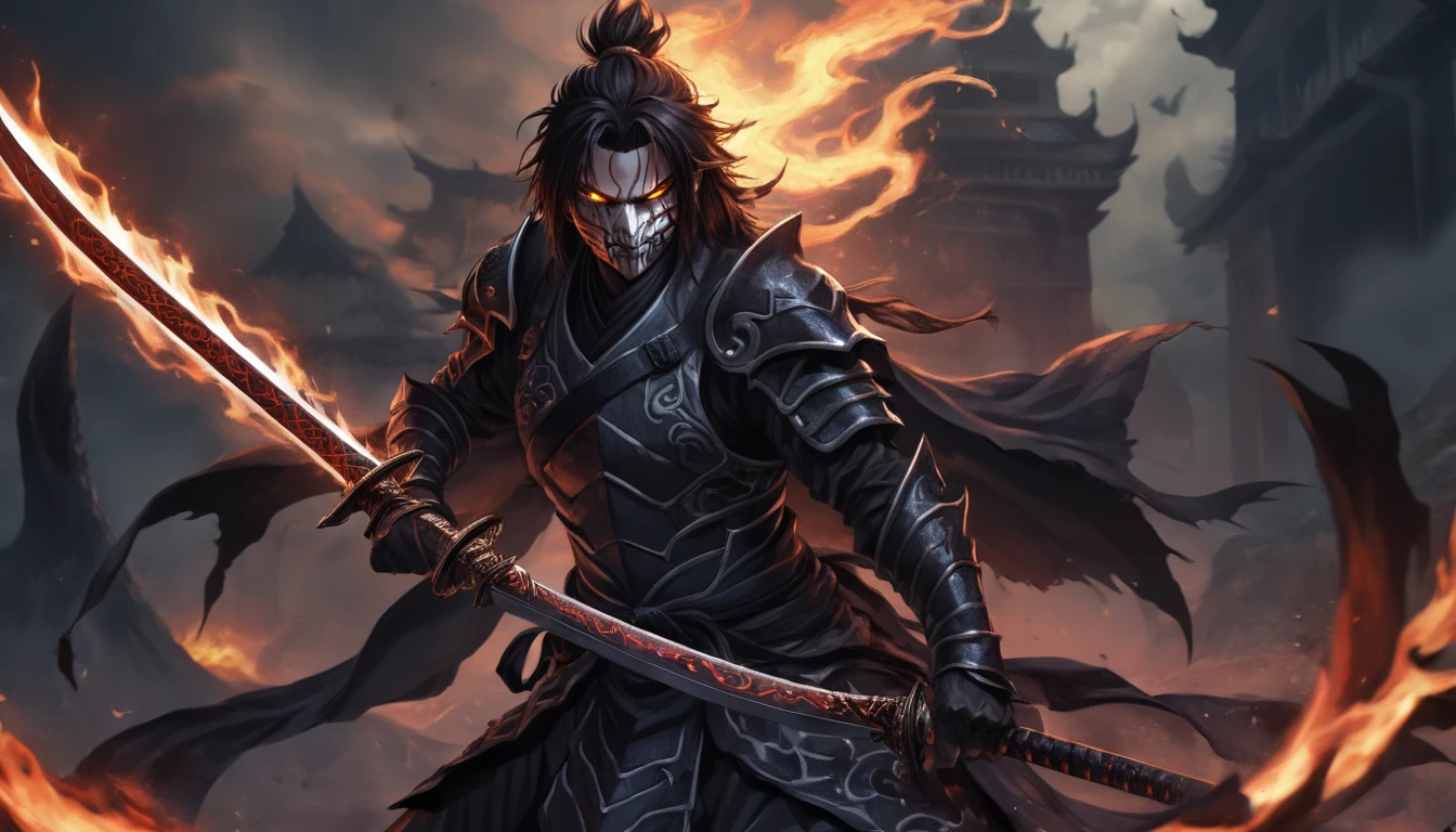 ninja mask, cape,close up, black heavy detailed clothes, katana, art, dark and malevolent, hand sword, armor, powerful and intimidating, (masterpiece, best quality, ultra-detailed, best shadow), (detailed background, dark fantasy) dramatic light, intricate details, dark and malevolent, powerful and intimidating, Dark and foreboding, malevolent force, sinister and chilling, armor, high detailed background, girl in demon slayer art, demon slayer art style, epic anime art, God death