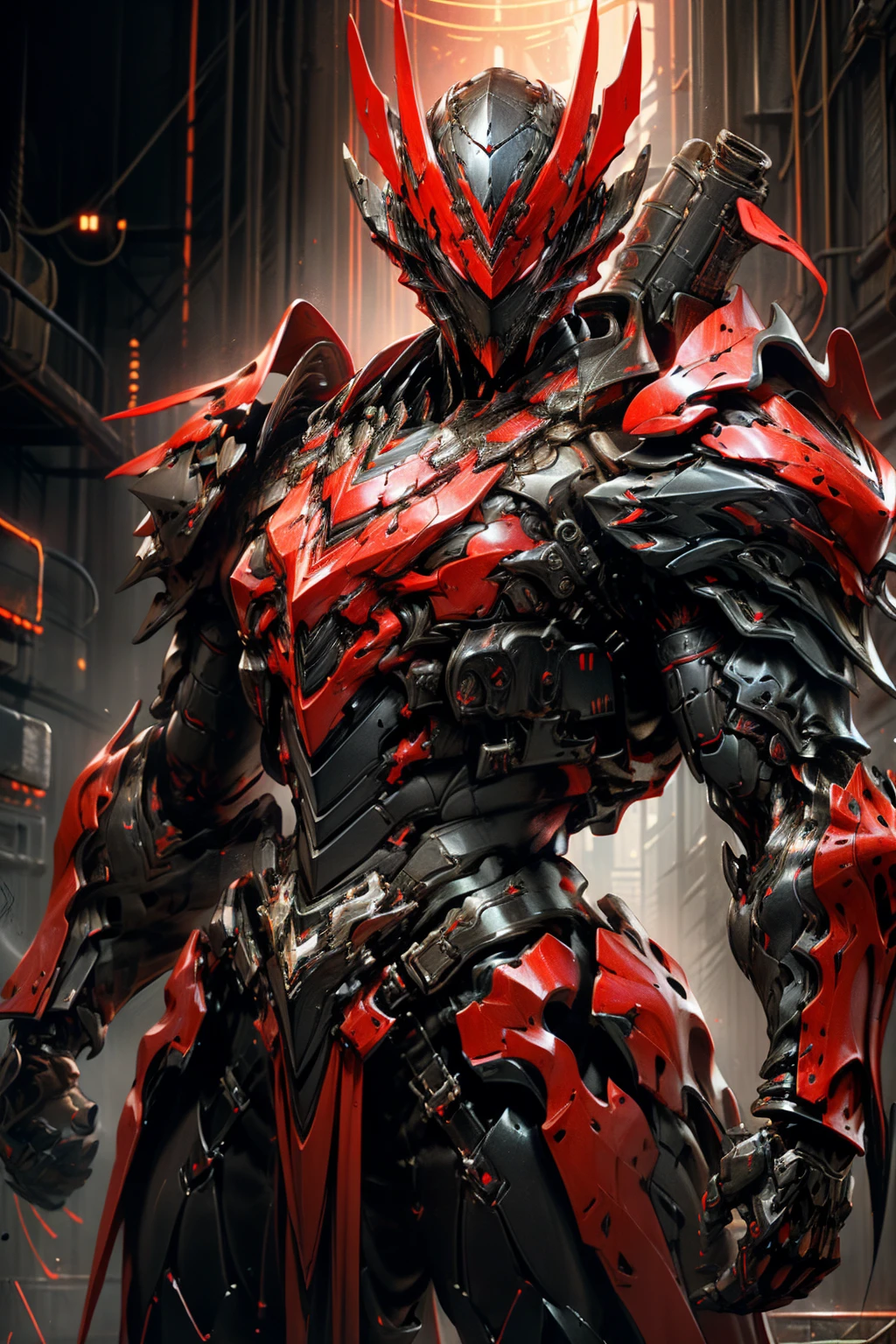 person in armor with a red light, black and red armor, futuristic armor, black armor, dark armor, black and red reflected armor, corrupted armor, holy armor, red armor, demon armor, dark futuristic, intricate assasin mecha armor, angular metal armor, minimal design armor style, wearing futuristic armor, mecha suit