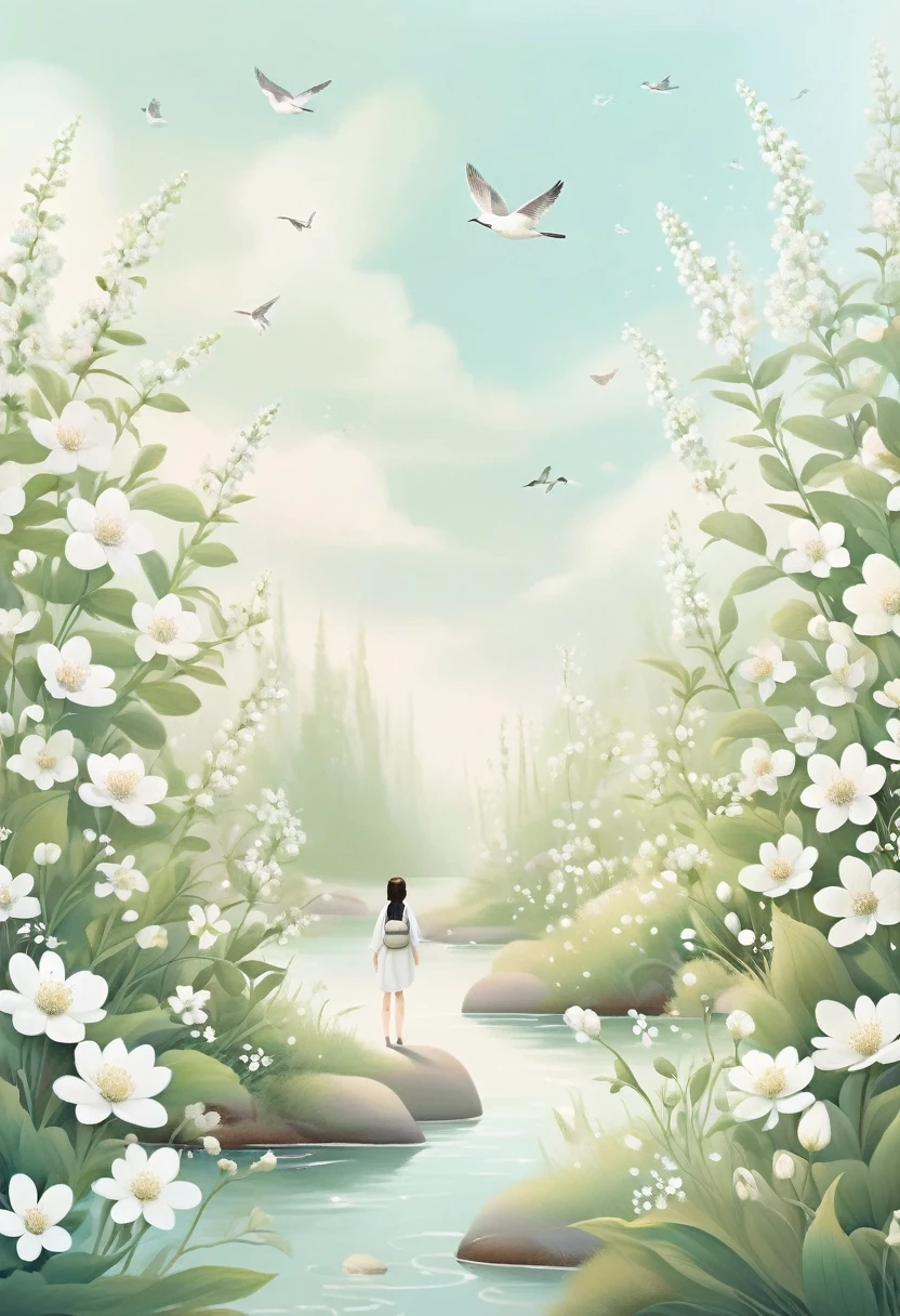 An illustration with soft tones and a dreamy feel。The characters in the picture are covered with a large number of small white flowers,Gives a hazy and mysterious visual effect。Soft space,Modern illustration elements。Tranquility、Pure atmosphere,Reminiscent of spring and new life。