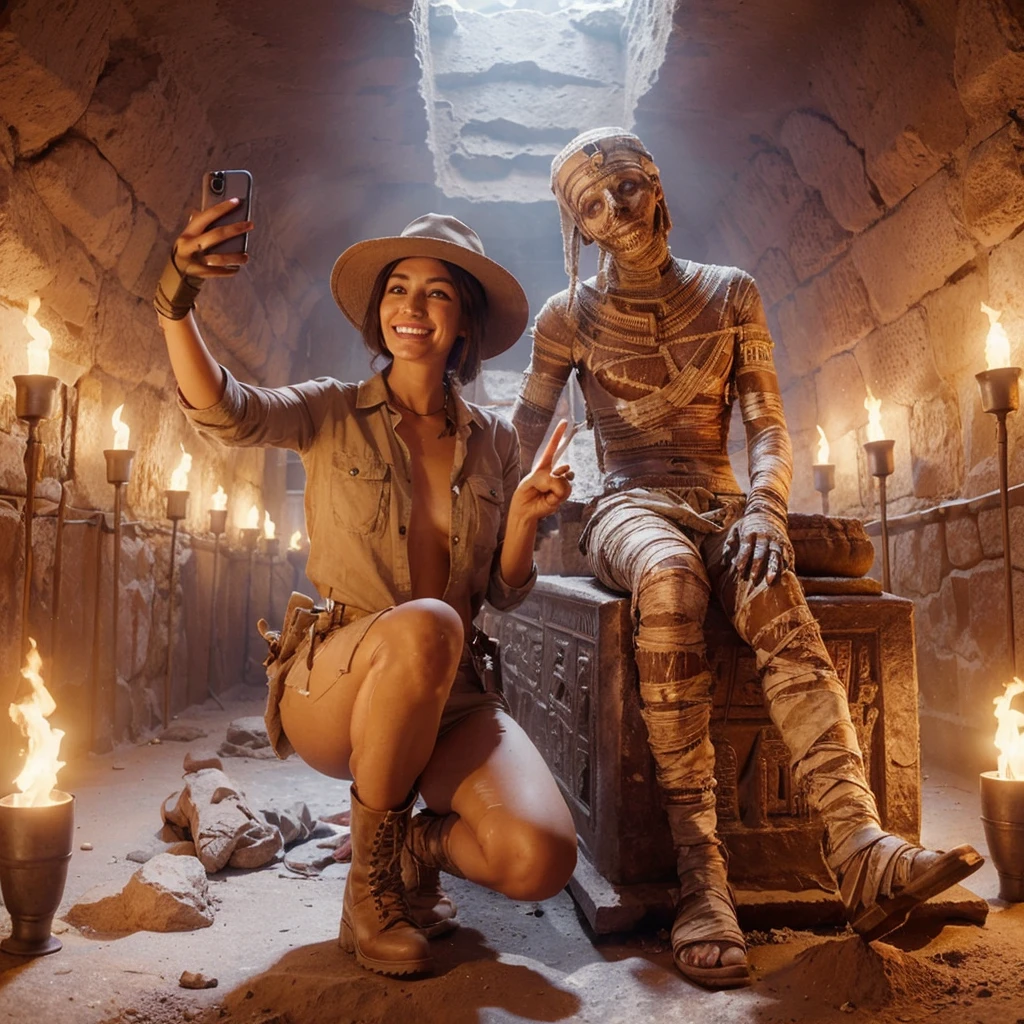 4D hyper realistic scene inside an ancient Egyptian tomb, lit by flickering torches. An beautiful archaeologist in khakis, hat, and boots takes a selfie with a sarcophagus behind them. Next to the archaeologist is an ancient decrepit mummy, smiling with exposed teeth and making a peace sign with its bandaged hand. Detailed textures on walls, sarcophagus, and mummy wrappings.