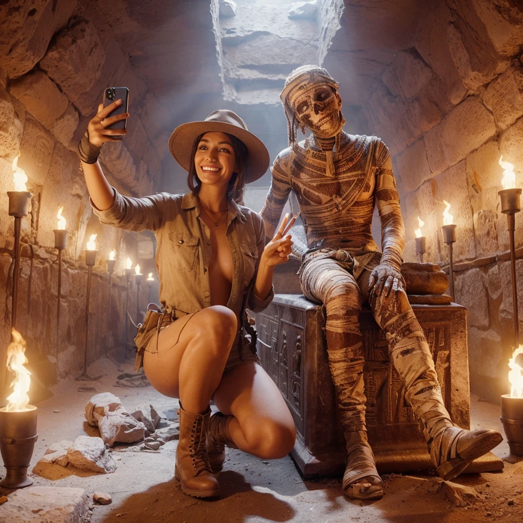 4D hyper realistic scene inside an ancient Egyptian tomb, lit by flickering torches. An beautiful archaeologist in khakis, hat, and boots takes a selfie with a sarcophagus behind them. Next to the archaeologist is an ancient decrepit mummy, smiling with exposed teeth and making a peace sign with its bandaged hand. Detailed textures on walls, sarcophagus, and mummy wrappings.