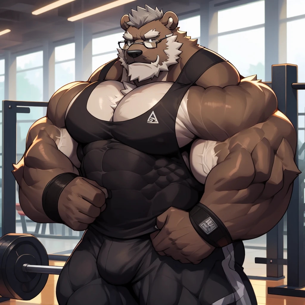 solo, 1boy, Huge Muscular Old Grizzly Bear Daddy wearing glasses , pectoral, huge pectoral, wide pectoral, short grey hair, black gym short, black wristbands and black tank top ,bearded, grey Mustache, gym background, masterpiece, high detailed, 8k, high resolution, at the gym, rippling bulges