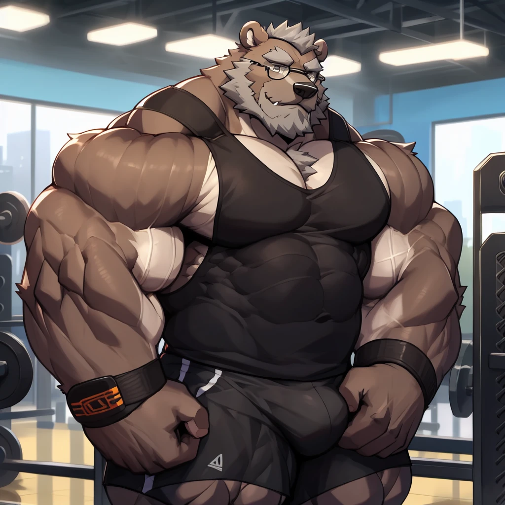 solo, 1boy, Huge Muscular Old Grizzly Bear Daddy wearing glasses , pectoral, huge pectoral, wide pectoral, short grey hair, black gym short, black wristbands and black tank top ,bearded, grey Mustache, gym background, masterpiece, high detailed, 8k, high resolution, at the gym, rippling bulges