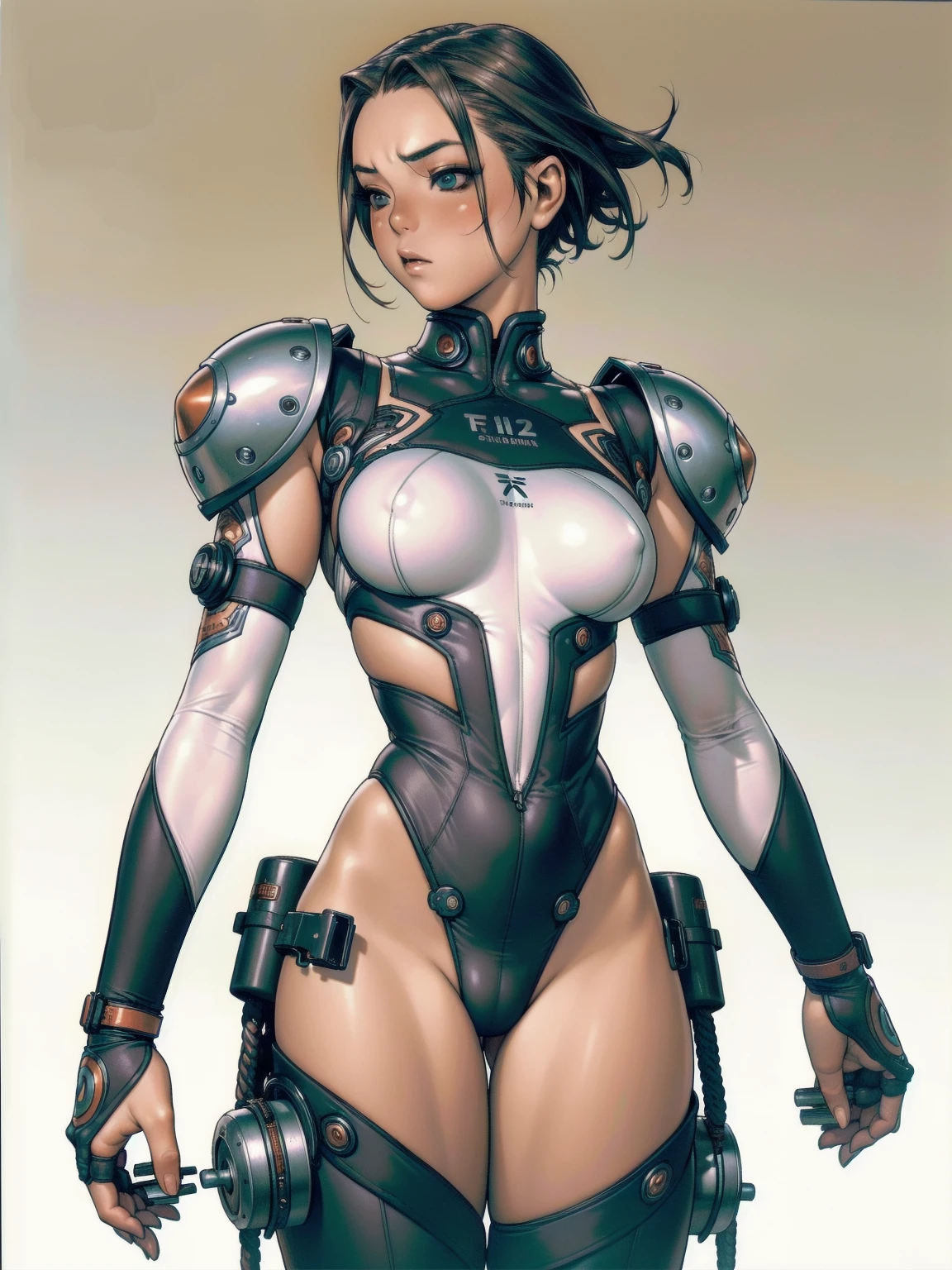 (((Juri Street Fighter))), ((best qualityer)), (((Venom outfit))), (((slim))), (Muscles), (((fit body armor suit))), ((Perfect masterpiece)), (detailded: 1.4), (absurdrez), (((long hair with heavy bangs covering the entire forehead))), (((full body fitness, Venom symbol)), (((short hair woman, blushful))), 21 year old woman, beautiful sexy woman, giant robot pilot, wild with perfect corpo fitness, wearing small mecha battle armor clothes, tiny thong, Shonen manga style, clothing with Japanese cyberpunk graphic patterns, Halftone pattern and vertical stripes, earth tone, exiting the body of a giant robot, (((cowboy shot)))