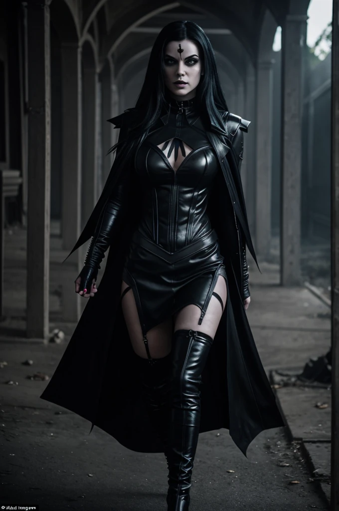 full body Renaissance sci - fi full body dark warrior girl long blck hair black eyes, red lips leather amor 8k UHD