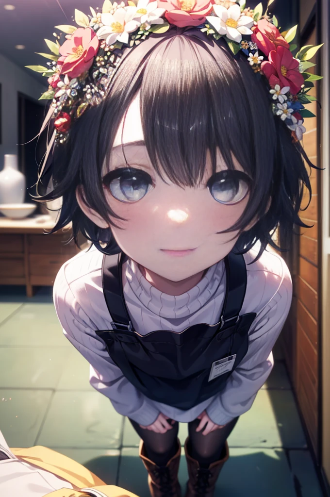 uiharukazari, Uiharu Kazari, (black eye:1.5), Black Hair, flower, hair flower, hair ornaments, smile,頭のflower輪, short hair,
flower屋の店員,flower屋,sweater,Short Band,Black Pantyhose,Short Boots Boots,apron, 
break looking at viewer, 
break indoors, flower屋,
break (masterpiece:1.2), Highest quality, High resolution, unity 8k wallpaper, (shape:0.8), (Fine and beautiful eyes:1.6), Highly detailed face, Perfect lighting, Highly detailed CG, (Perfect hands, Perfect Anatomy),