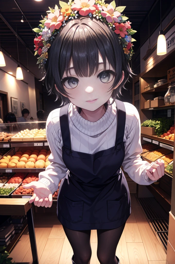 uiharukazari, Uiharu Kazari, (black eye:1.5), Black Hair, flower, hair flower, hair ornaments, smile,頭のflower輪, short hair,
flower屋の店員,flower屋,sweater,Short Band,Black Pantyhose,Short Boots Boots,apron, 
break looking at viewer, 
break indoors, flower屋,
break (masterpiece:1.2), Highest quality, High resolution, unity 8k wallpaper, (shape:0.8), (Fine and beautiful eyes:1.6), Highly detailed face, Perfect lighting, Highly detailed CG, (Perfect hands, Perfect Anatomy),