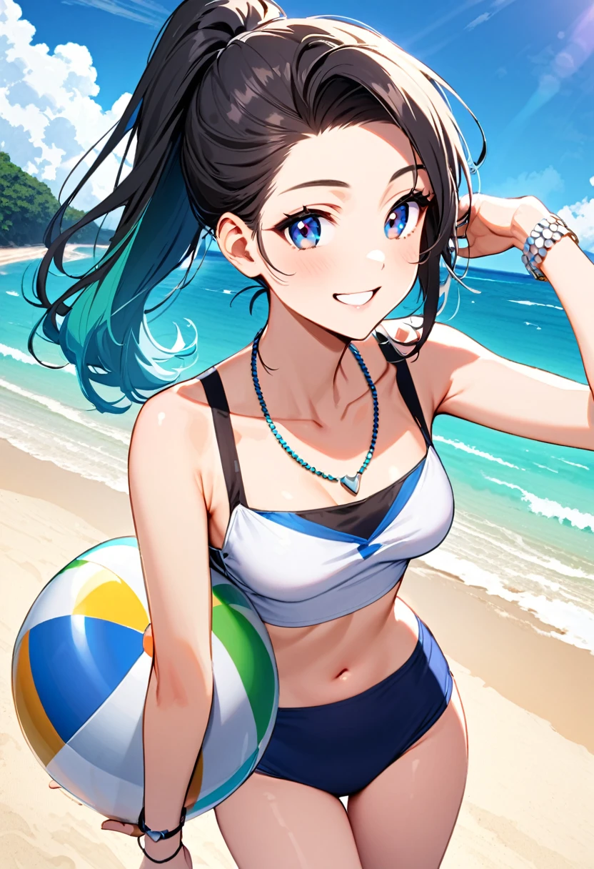 A young woman, 21-years-old, solo, Caucasian, black hair, cyan hair, gradient hair, multicolored hair, ponytail, two-tone hair, blue eyes, cheerful smile, dark blue bikini top, dark blue bikini bottom, midriff, holding a beachball, beach, thin silver necklace, white bracelet