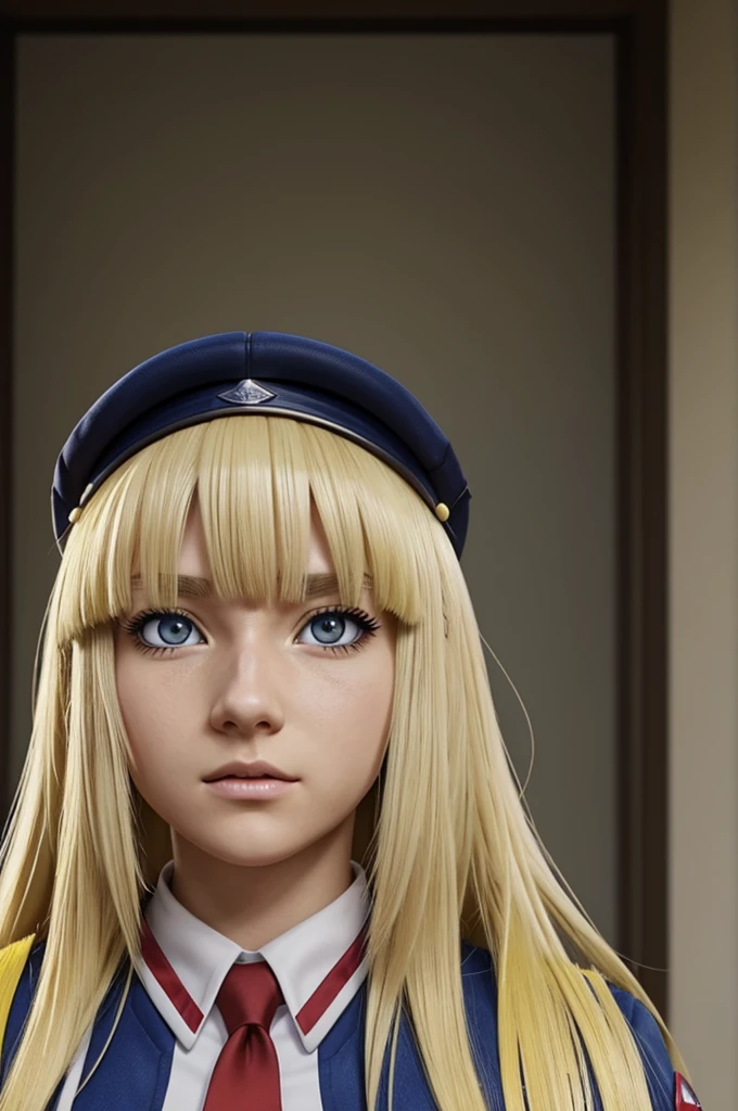 screenshot of my hero academia.
girl with long blonde hair with bangs and bright yellow eyes and blonde eyelashes has a domineering expression and is wearing a UA uniform and UA background