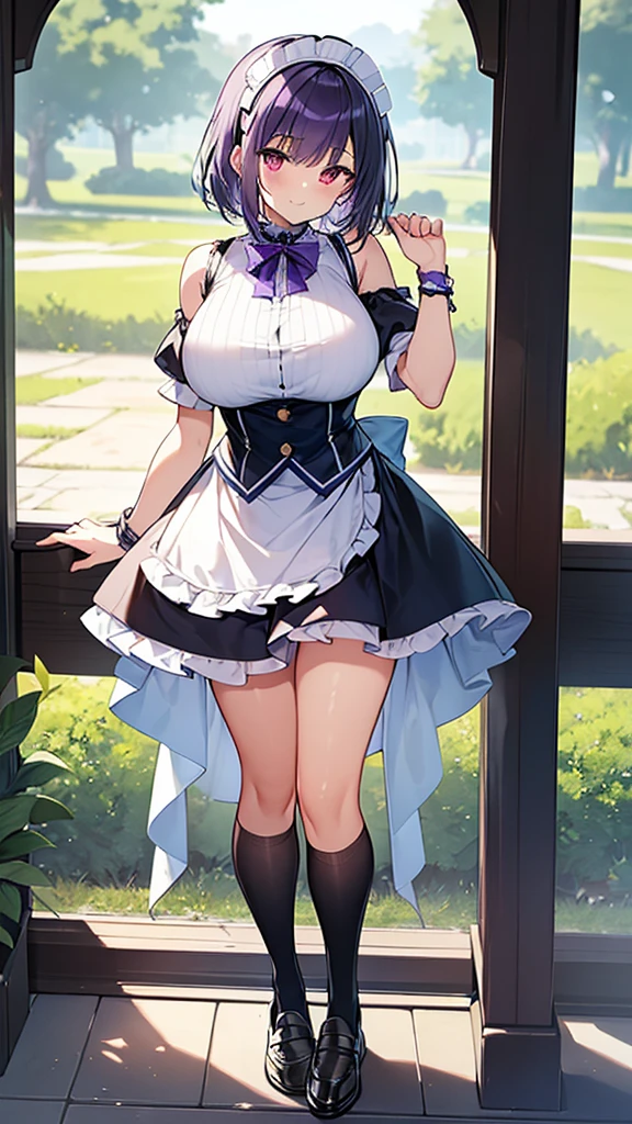 最high quality, high quality, Super detailed, 32k, Ultra-detailed details, Sister and maid, (Standing, pretty girl, beautiful purple hair, short hair, Beautiful RED eyes, mature, Big Breasts, A light smile, Off-the-shoulder sleeveless Summer メイド服, Summer casual maid clothes, Short skirt, Blue and white color striped underwear, Black knee socks, loafers, She's holding up her skirt with both hands to show her underwear, 18-year-old,cute), A maid who moves her body vigorously without caring if her breasts bounce, Super detailed, indoor, Full body image, ((Head to Toe:1.3)), NSFW