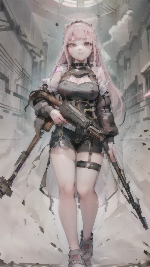 (Masterpiece, Superior quality, Best Quality, Official Art, beautiful and aesthetic:1.2), (1 girl), detailed extreme, Mori Calliope, pink hair, jacket with hood, Ceiling, ak47, trigger discipline, look at the viewer, Shorts