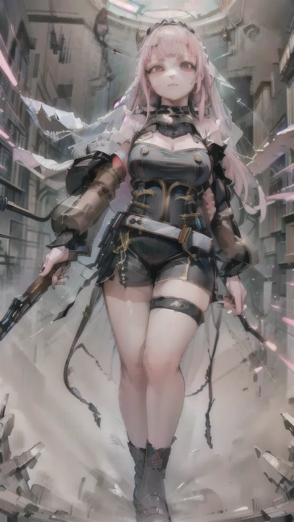 (Masterpiece, Superior quality, Best Quality, Official Art, beautiful and aesthetic:1.2), (1 girl), detailed extreme, Mori Calliope, pink hair, jacket with hood, Ceiling, ak47, trigger discipline, look at the viewer, Shorts