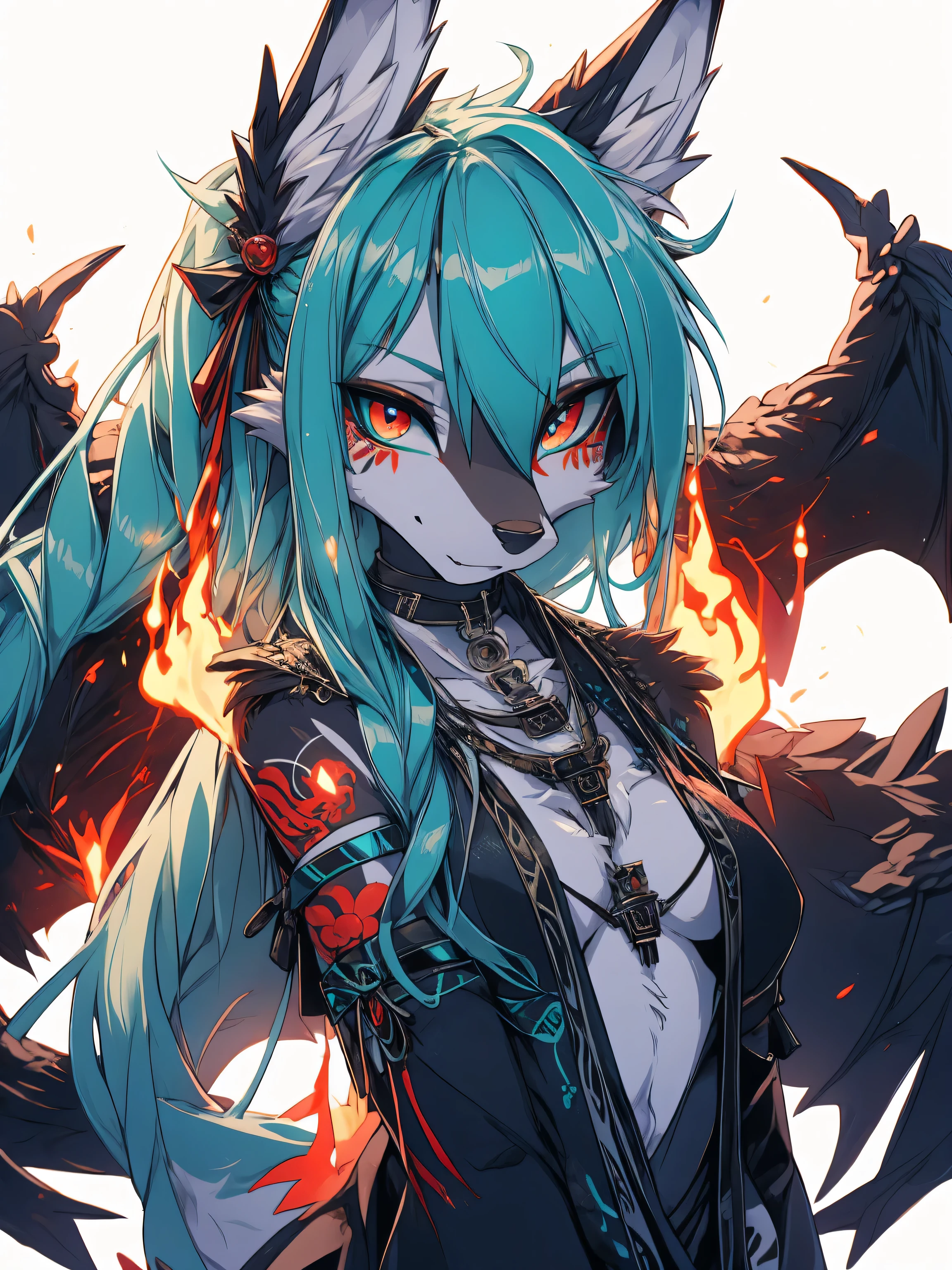 Miku Hatsune, add high definition_detail:1, blue fur,kitsune ears, tribal tattoo add_detail:1, in hell add_detail, batwigns add_detail Fer yokai kitsune add_detail:1