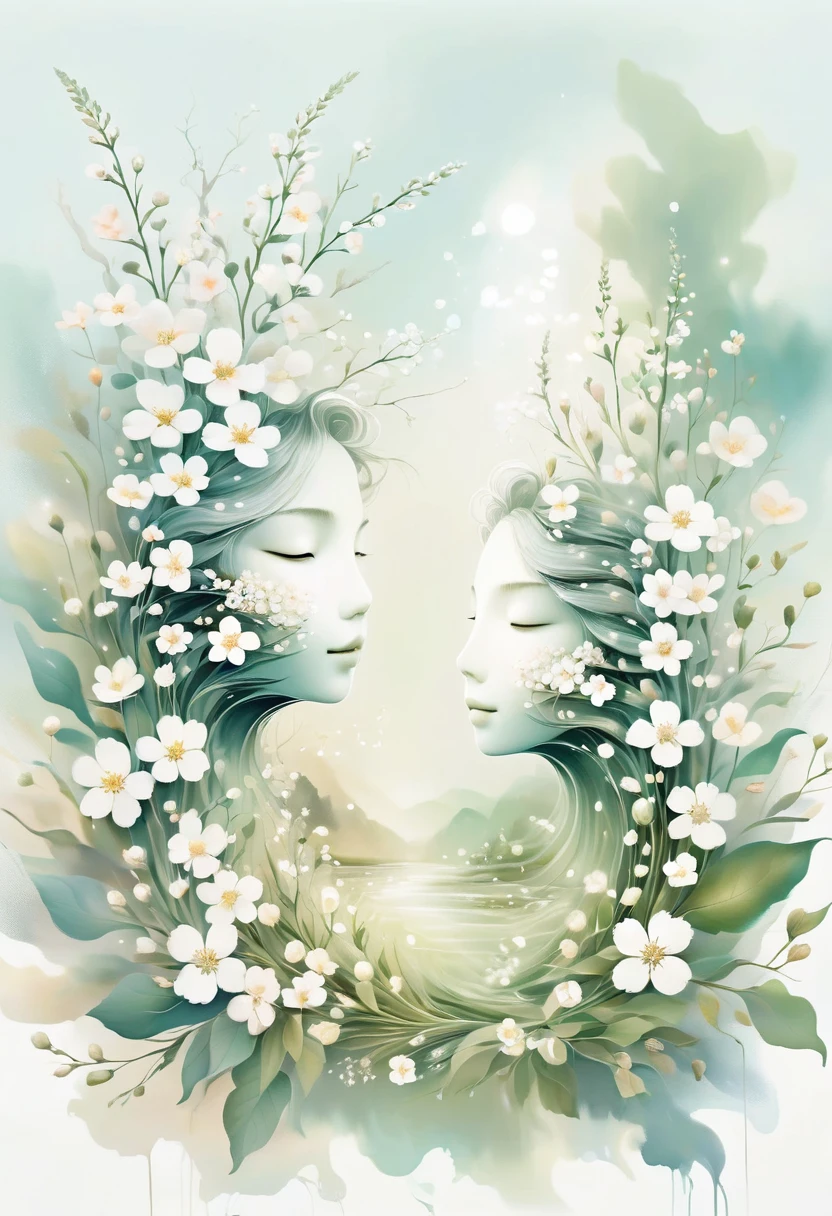 An illustration with soft tones and a dreamy feel。The characters in the picture are covered with a large number of small white flowers,Gives a hazy and mysterious visual effect。Soft space,Modern illustration elements。Tranquility、Pure atmosphere,Reminiscent of spring and new life。