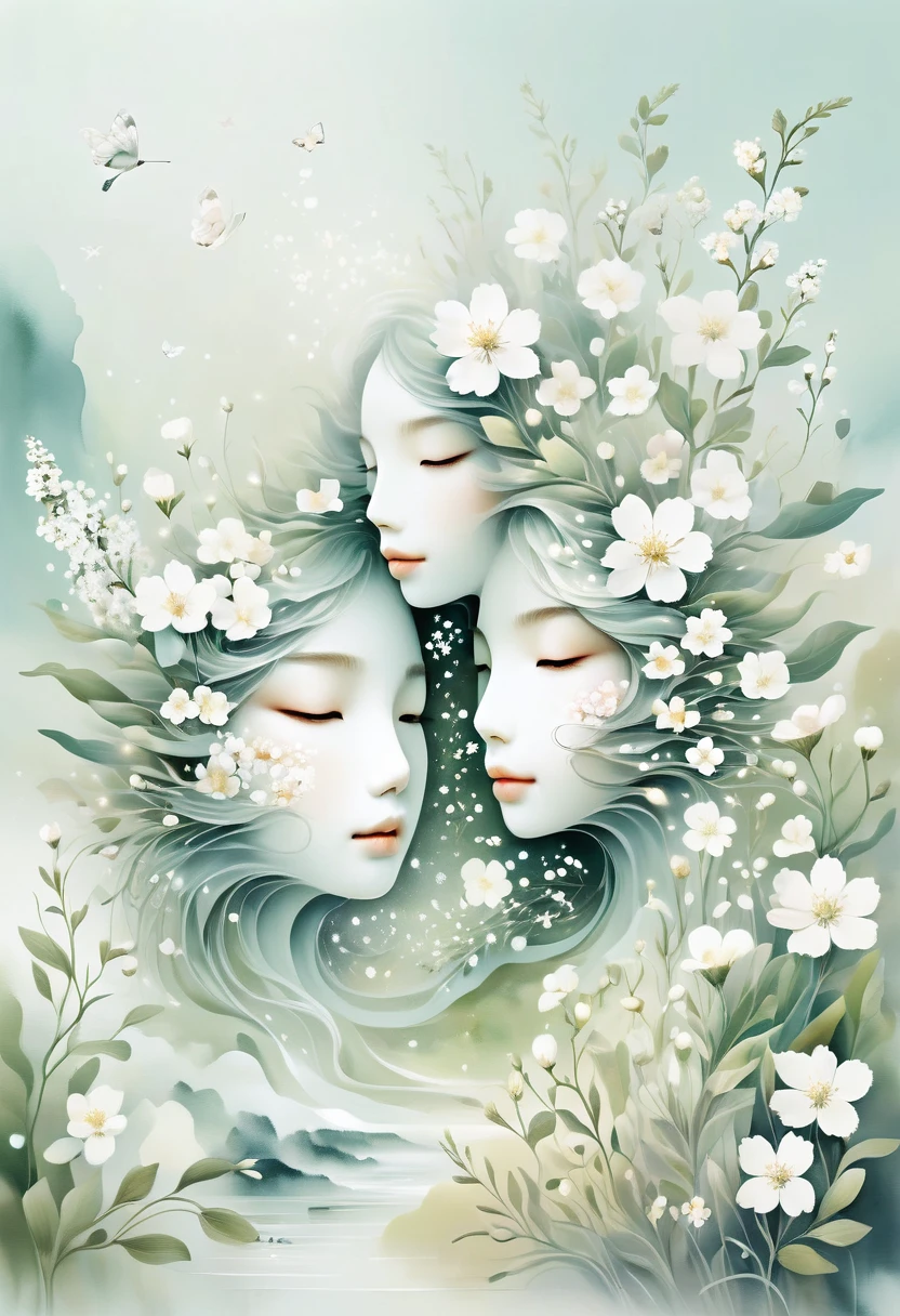 An illustration with soft tones and a dreamy feel。The characters in the picture are covered with a large number of small white flowers，Gives a hazy and mysterious visual effect。Soft space，Modern illustration elements。Tranquility、Pure atmosphere，Reminiscent of spring and new life。