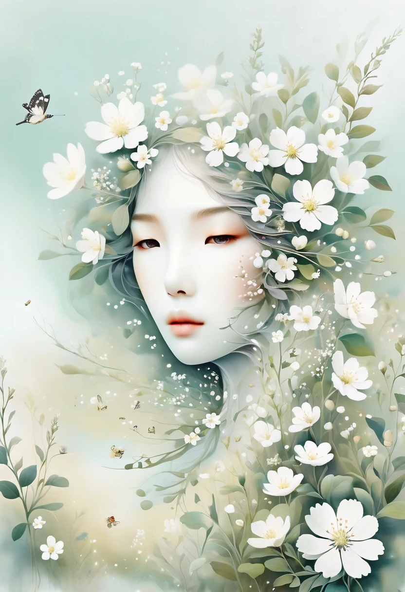 spring in the forest,full of beautiful flowers, Autumn season, Soft colors and dreamy atmosphere, Butterflies flying, a bird drinking water.