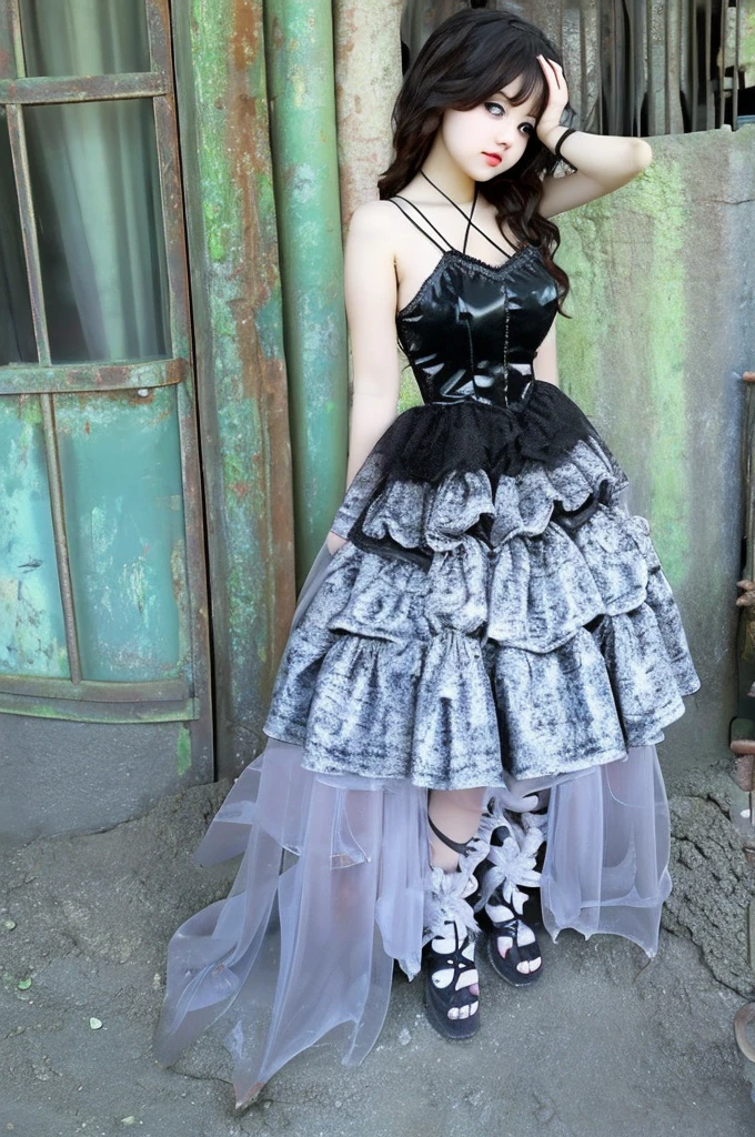 Beautiful girl, cute face, beautiful face, big blueyes, curvaceous figure, short gothic dress