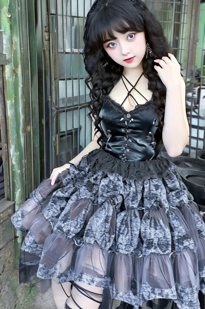 Beautiful girl, cute face, beautiful face, big blueyes, curvaceous figure, short gothic dress