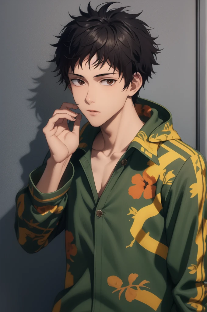 1boy, solo, blunt in hand, hawaiin shirt, brown skin color, messy look, black hair, ((dreadlock hairstyle)), brown eyes, masterpiece, best quality, high quality, upper body, male focus,