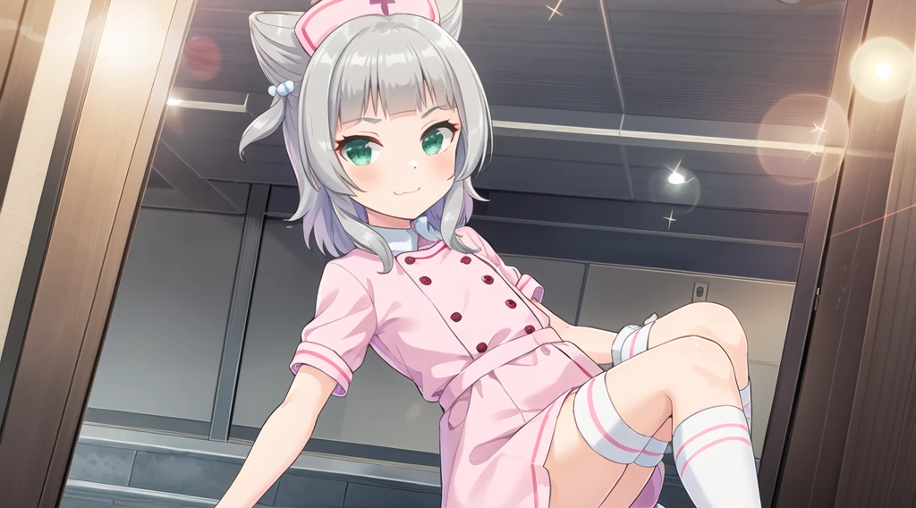interior,hospital,A girl, alone, green eyes, gray fur, Hair ornaments, hits, Youtuber Virtual, shine, blunt hits, double explosion, animal ears, Lens flare, flat chest,pink nurse uniform,blush, (See your viewers), SMILE,