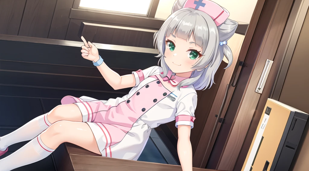 interior,hospital,A girl, alone, green eyes, gray fur, Hair ornaments, hits, Youtuber Virtual, shine, blunt hits, double explosion, animal ears, Lens flare, flat chest,pink nurse uniform,blush, (See your viewers), SMILE, 