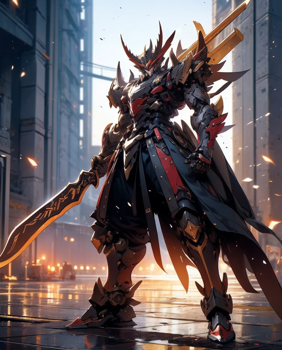 super wide shot, Full body frontal photo,Mecha male warrior，The heroic demeanor of the Three Kingdoms,《Mech color: Red and dark series》，（《Romance of the Three Kingdoms》，《Lu Bu》，Holding Fang Tian's halberd in his hand，），（Full body mecha）, Keqing from Genshin Impact, (Masterpiece) ， The best quality， High quality，Gold armor，light， （Exquisite future）， Beautiful and beautiful， Ultra detailed， great composition， Floating， Depth of field， （Very detailed CG，Unity 8k Wallpaper）， （Beautiful detail background）， dramatic lights， GOGETTA， Mecha，best qualtiy，Ultra-high 8K Ultra HD，digital SLR camera，high qulity，Film grain resolution