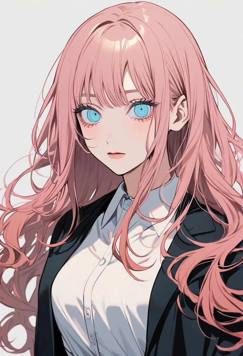 1 woman in chainsaw man style, long wavy hair, light pink hair, hair with blue tips, light blue eyes,(makima&#39;s eyes),white blouse with a black tie,(big boobies), wicked grin (pointed teeth showing), showing the tongue,(bloodstains),(torn outfit), hand on face,angle seen from above, White background 
