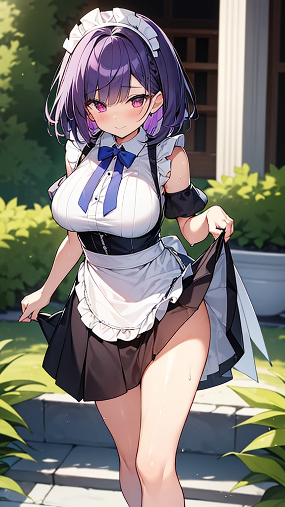 最high quality, high quality, Super detailed, 32k, Ultra-detailed details, Sister and maid, (only, Standing, pretty girl, beautiful purple hair, short hair, Beautiful RED eyes, mature, Big Breasts, A light smile, Off-the-shoulder sleeveless Summer メイド服, Summer casual maid clothes, Short skirt, Blue and white color striped underwear, Black knee socks, loafers, My crotch is wet with love juice, 18-year-old,cute), {{The succubus infiltrates the mansion, peels the skin off her sister's face, replaces it with her own, and puts on a maid outfit with her sister's face, lifting her skirt to show her underwear., Mature body and sister's face}, She has transformed from a shy maid into a lewd one., A maid with her sister's face stuck on her face is vigorously pistoning her body, A maid who moves her body vigorously without caring if her breasts bounce, Super detailed, indoor, Full body image, ((Head to Toe:1.3)), NSFW