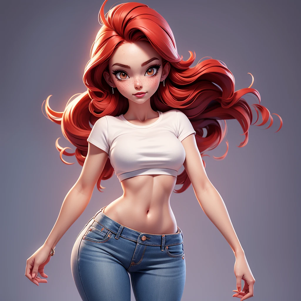 A sexy cartonn woman in beautiful jeans and white crop top posing gracefully for a photo, beauty in jeans, red hair, Waist slender, freckles, sexy girl, mulher de corpo inteiro, wearing jeans, beautiful seductive woman, slender figure, cartoon vector style, corpo pin-up, Broad Hips